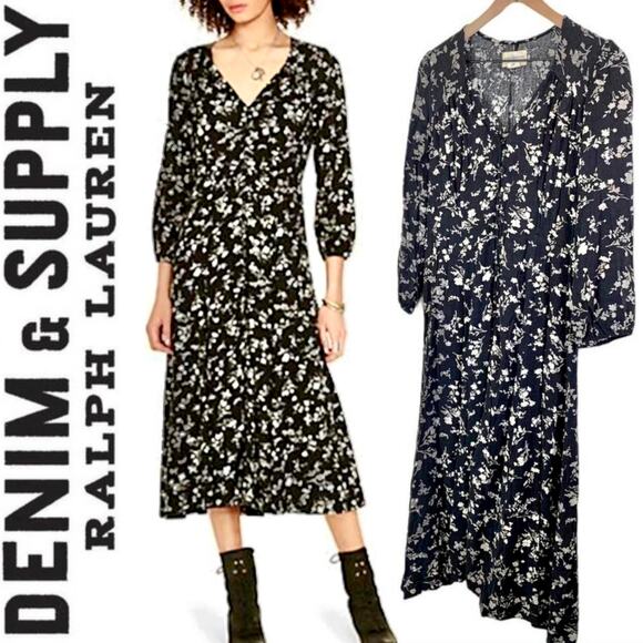 RALPH LAUREN DENIM & SUPPLY Tier Ruffled Black & White Floral Midi Dress – Large - Picture 1 of 11